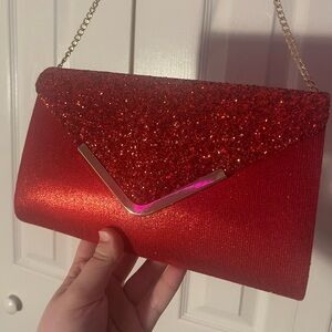 Red Glitter Clutch with Gold Chain